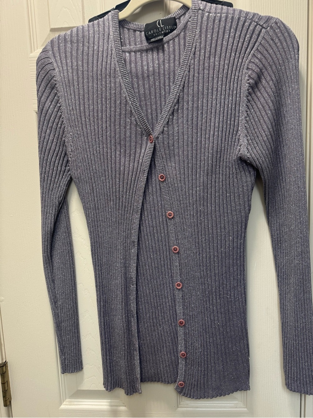 Vintage Carole Little Metallic Silver Silk Ribbed Cardigan Sweater L